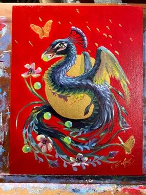 Dragon original painting snake art peacock fowl surrealism fantasy